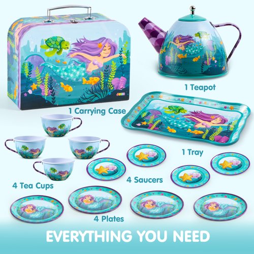 JOYIN Mermaid Tea Set for Toddlers Tea Party Set for Children Kids Pretend Role Play Tin Teapot Set with Cups, Plates and Carrying Case Kitchen Toy for Little Girls Birthday Gifts Age 3 4 5 6