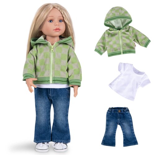 Rakki Dolli Doll Clothes Set 3 Pc. Set includes Green Coat Blue Jeans & White T-shirt Baby Doll Clothes Suit and Accessories (Doll & Shoes Not Included) 021