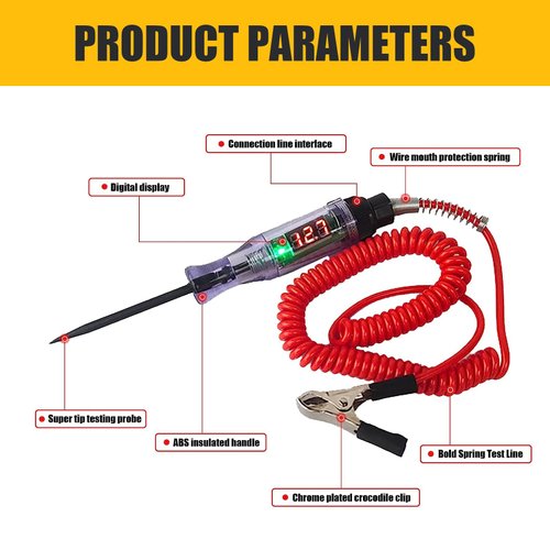 QODOLSI Pack-1 Automotive Test Light Digital LED Circuit Tester, DC 3V/6V/12V/24V Inductive Test Pen with 70.8 Inches Retractable Spring Wire, for Checking Vehicle Car Truck Motorcycle (Black & Red)