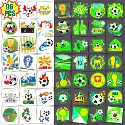 Qpout 96Pcs Soccer Sports Temporary Tattoos, Luminous Football Game Waterproof Tattoos Glow in the Dark European Cup Soccer Stickers for Soccer Theme Birthday Party Favors Decorations