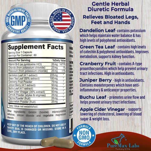 Water Away Gentle Herbal Diuretic - Natural Diuretic Water Pills - Relieve Bloating, Reduce Excess Water Weight with Dandelion Leaf, Green Tea, Detox Cleanse & Urinary Health. Non-GMO, 60 Capsules