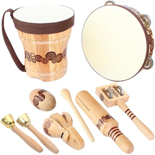 Kallwong Wooden Musical Instruments Set for Kids,7 Types Percussion Set,Bongo Drum,Tambourine 8 inch...Natural Sheepskin Drumhead,Toddler Musical Toys,Gift for Rhythm Montessori Class Education