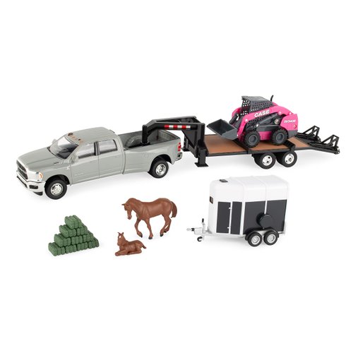 ERTL 1/32 CASE SV340B Skid Steer on Flatbed Trailer with RAM Pickup & Accessories