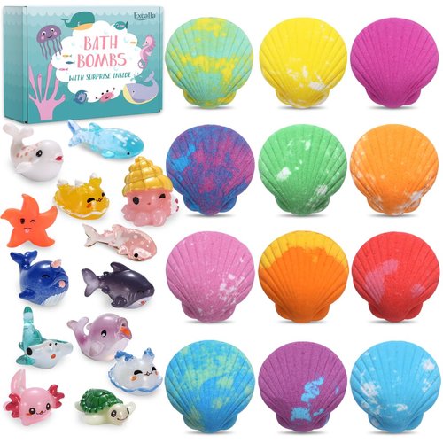 Bath Bombs for Kids with Toys Inside for Girls Boys - 12 Handmade Kids Bubble Bath Fizzies Bomb with Surprise Sea Animals Toys, Moisturize Gentle and Kids Safe (Toy May Vary)