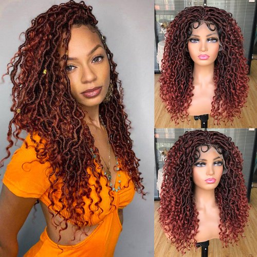 MURAMURA HAIR Goddess Faux Locs Wigs for Black Women 18Inch Full Lace Curly Synthetic Wigs with Baby Hair Bohemia Locs Twist Crochet Curls Braid Braided Wig(Ombre Giner)