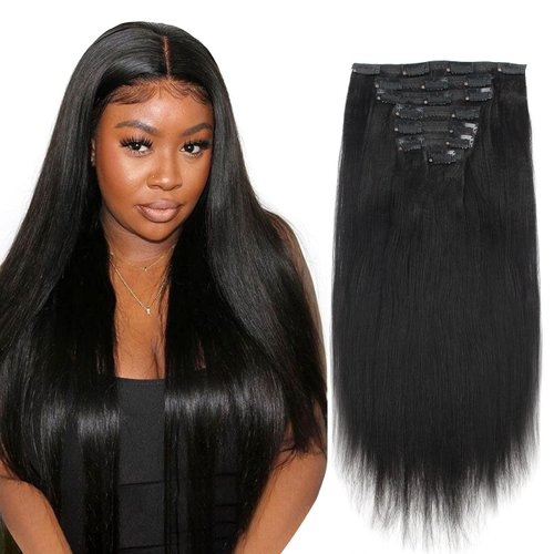 ABH AMAZINGBEAUTY HAIR Real Remy Thick Yaki Straight Clip Ins Black Hair Extensions for African A...