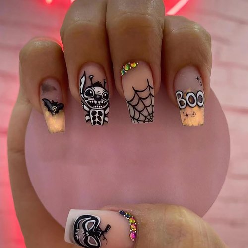 Halloween Press on Nails Rhinestones Glitter Square False Nails Medium Length Fake Nails with Skull Stitch Boojiboo Bats Star Spider Web Designs Matte Nude Orange Pumpkin Ghost Face Nails for Women