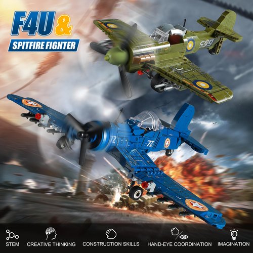 WW2 Military Plane Building Sets Compatible with Lego, Create US F4U & UK Spitfire Fighter Jet Models Toys, Great Army Airplane Aircraft Gifts for Boys Kids