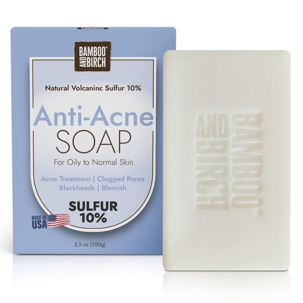 BAMBOO AND BIRCH Sulfur Soap Bar, Face and Back Acne Treatment, Sulfur 10%, 3.0 Oz Acne Soap Bar, Cleaner Bar Soap with Salicylic Acid Helps You Reduce Oil Excess and Acne Pimples for All Skin Types