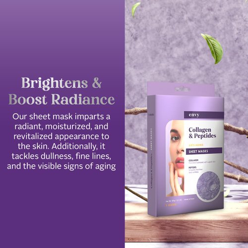 Envy Collagen & Peptides Sheet Face Mask - Dermatologist Tested - Prevents Sun Damage, Reduces Acne Scars & Wrinkles, Hydrating Sheet Mask - Korean Skin Care - All Skin Types - 5 Masks