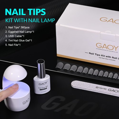 GAOY Nail Tips and Glue Gel Nail Kit with Mini UV Light, Gel x Nail Kit, 360Pcs Matte Extra Short Coffin Nail Tips for Fast Nail Extension