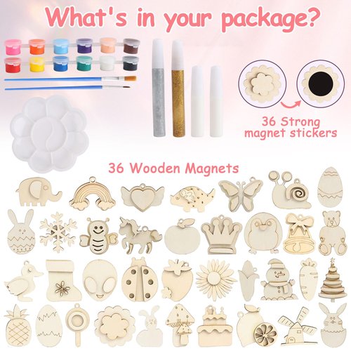 JOFONY DIY Wooden Magnets,36 pcs Paint Your Own Wooden Art Painting Craft Bulk Toys for Kids Age 3-12 Basket Stuffers Party Favors for Boys Girls Prize Goodie Birthday Gifts for Kids