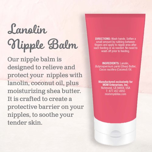 Mommy's Bliss Lanolin Nipple Balm Breastfeeding Cream with Coconut Oil & Shea Butter, Soothing Cream for Sore, Cracked Nipples, Safe for Nursing Babies, Flavorless, 2 Oz