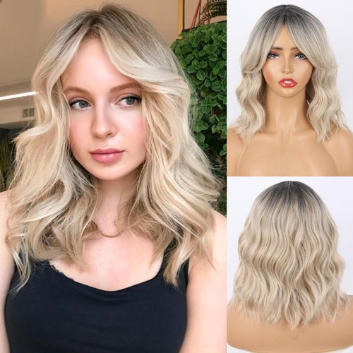 Ash Blonde Wavy Wig With Curtain Bangs Short Ombre Blonde Bob Wavy Wigs for Women Synthetic Ombre Blonde Mixed Dark Roots Curly Bob Wigs with Bangs 14" Natural Wave Shoulder Length Wigs for Daily Use