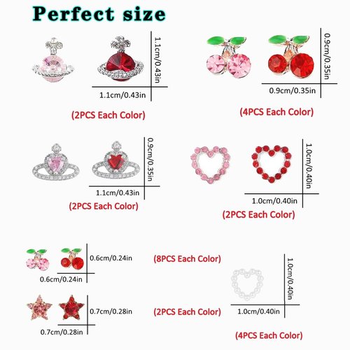 COOSLIM 45 Pcs Cherry Nail Charms Rhinestone Red Pink Cherries Nail Art Gems Star Heart Planet Pearl Nail Jewelry Decorations Saturn Shape Acrylic Nail Accessories for Women Girl DIY Crafts Supplies B
