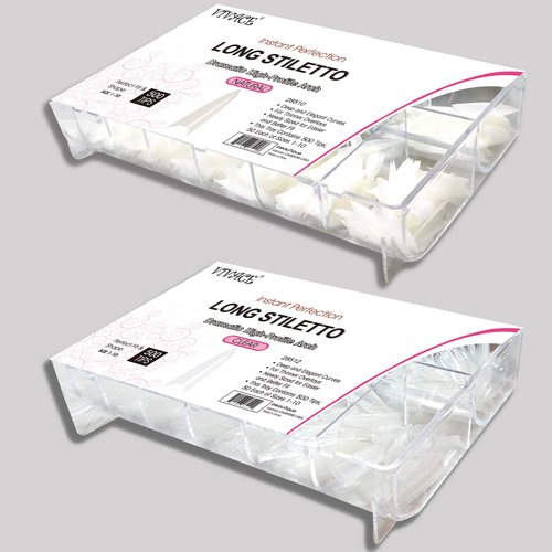 VIVACE 2PACK Natural/Clear Long Stiletto 500 Artificial Fake Gel Nail Tips (Total 1000Tips) 10Sizes For Nail Salon Nail Shop (28510/28512) (Long Stiletto)
