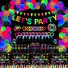 255 Pack Glow Neon Party Supplies Glow Sticks Party Decorations Black Light Reactive Decor Set - Fluorescent Banner, Glow in The Dark Balloons, Neon Tablecloths, Cake Toppers, Light Up Sticks, Glasses