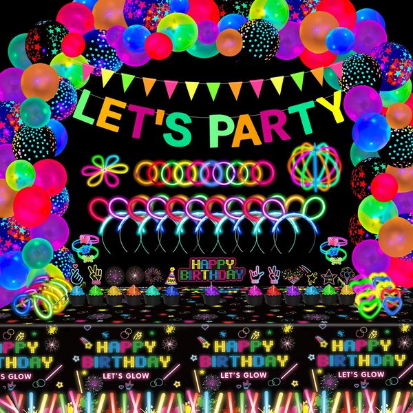 255 Pack Glow Neon Party Supplies Glow Sticks Party Decorations Black Light Reactive Decor Set - Fluorescent Banner, Glow in The Dark Balloons, Neon Tablecloths, Cake Toppers, Light Up Sticks, Glasses