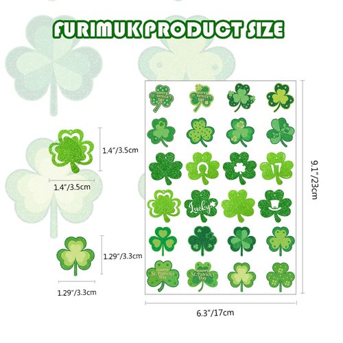 St Patricks Day Tattoos Glitter Shamrock Temporary Tattoo Stickers, Waterproof Saint Patricks Day Green Clover Tattoos Face Body Art Make up Deco Irish Party Favors (Medium, Count, 24)