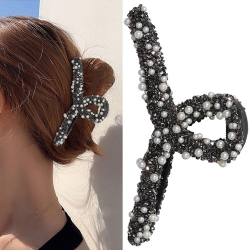 Diamond Pearl Bow Hair Claw Clips Rhinestone Hair Claw Clip for Women Cute Ash Hair Clips for Thick Thin Hair Nonslip Hair Girls Bows Hair Accessories Gifts 1Pcs﻿ (5-Ash -Shark)
