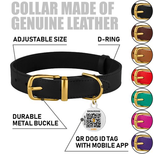 BRONZEDOG Leather Dog Collar with QR ID Tag Basic Pet Collars for Small Mini Dogs Cats Puppies (9-11 Inch (Pack of 1), Black & Gold Buckle)