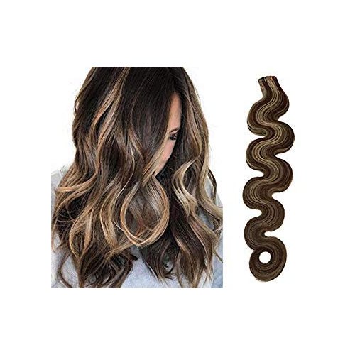 Wavy Tape in Hair Extensions #4/613 Brown with Blonde Highlights Balayage Hair Seamless Skin Weft Human Remy Hair Body Wave Soft Silky 20inches 50g 20pcs Glue in Hair Extensions