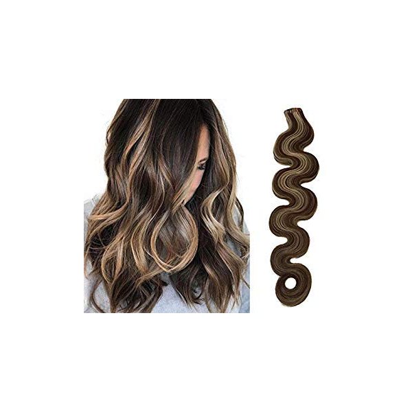Wavy Tape in Hair Extensions #4/613 Brown with Blonde Highlights Balayage Hair Seamless Skin Weft Human Remy Hair Body Wave Soft Silky 20inches 50g 20pcs Glue in Hair Extensions