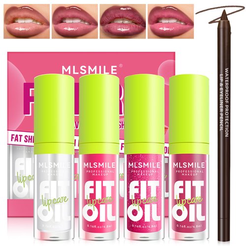 HOSAILY 4 Colors Hydrating Lip Oil Plumping + Lip Liner Set, Shiny Glow Long-Lasting Lip Care Oil, Moisturizing Big Brush Head Clear Pink Glitter Transparent Lip Gloss Combo Makeup Present for Women