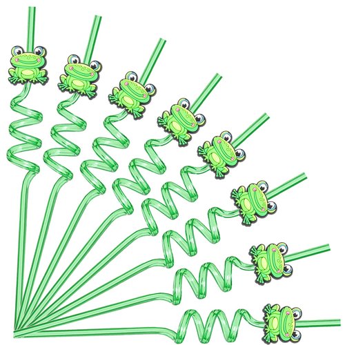 24 Pack Reusable Cartoon Frog Animal Straws for Kid's Party Favors, Plastic Crazy Drinking Straw for Girls Boys Birthday Party Decorations Supplies with 2 Cleaning Brushes (Green)