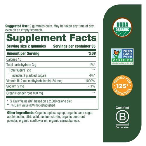 ​MegaFood Vitamin B12 Energy Gummies - Vegan - With Methyl B12 Vitamins to Support Cellular Energy Production - Ginger - Daily Vitamin B12 Supplement - USDA Organic - 70 Gummies, 35 Servings