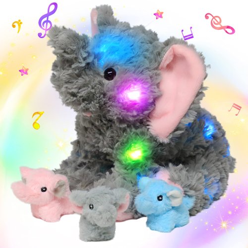 Hopearl LED Musical Stuffed Calf Elephant Lighting Up Singing Plush Toy Playset Mommy Elephant with 3 Baby Elephish in her Tummy Lullaby Animated Soothe for Mom Kids, Gray, 18''