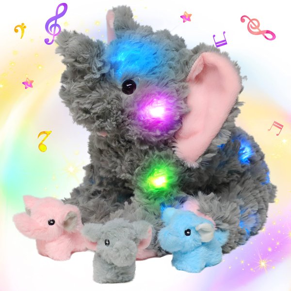 Hopearl LED Musical Stuffed Calf Elephant Lighting Up Singing Plush Toy Playset Mommy Elephant with 3 Baby Elephish in her Tummy Lullaby Animated Soothe for Mom Kids, Gray, 18''