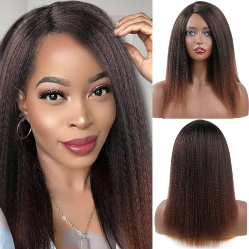 JVILO Yaki Straight Wigs For Black Women Yaki Wigs Medium Long with Silky Light 14inch Synthtic Yaki Afro Kinky Straight Wigs For Daily Wear(T30)