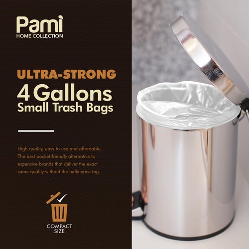 PAMI Small 4-Gallon Trash Bags [White 150 Bags]- Strong Multipurpose Plastic Wastebasket Trash Bags- Unscented Small Trash Can Liners For Kitchen, Bathroom, Office- 4-Gallon Garbage Bags, 1ft x1ft