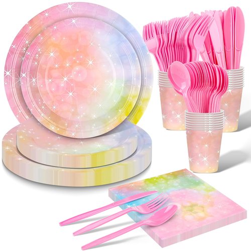 168PCS Pastel Rainbow Tableware Set,Pastel Rainbow Party Decorations, Plates, Tissue, Knife, Fork, Spoon, Paper Cup for Baby Shower, Birthday Party, Wedding, Service for 24 Guests