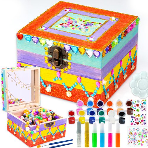 Ambesi Paint Your Own Wooden Jewelry Box, Arts and Crafts for Kids Ages 4-12 Year Old Girls Decorate Jewelry Box Craft Kit DIY Toddler Art Set Gifts for Birthday Valentine Day