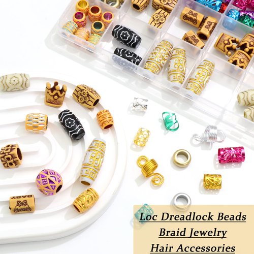 VENOFEN 146PCS Wooden Beads for Braids Hair Jewelry Colorful Hair Cuffs Rings Multi Style Loc Dreadlock Beads Hair Decoration Braids Accessories for Women and Girls