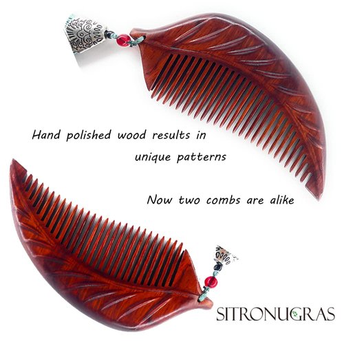 Sitronugras Wooden Comb For Women - Carved Craft Natural Boxwood Hair Comb - No Static Fine Tooth Wood Comb with gift box (leaf)