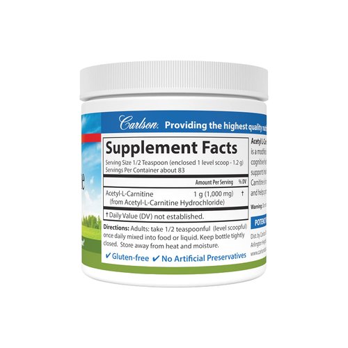 Carlson - Acetyl L-Carnitine Powder, Free-Form Amino Acid, Cognitive Health, Brain Function & Muscle Support, 3.53 oz (100 g)