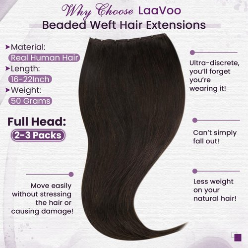 LaaVoo Beaded Weft Human Hair Extensions Darkest Brown Microbead Hair Extensions Brown EZE Weft Remy Hair Extensions Darkest Brown Beaded Weft Hair Extensions 22 Inch 50G