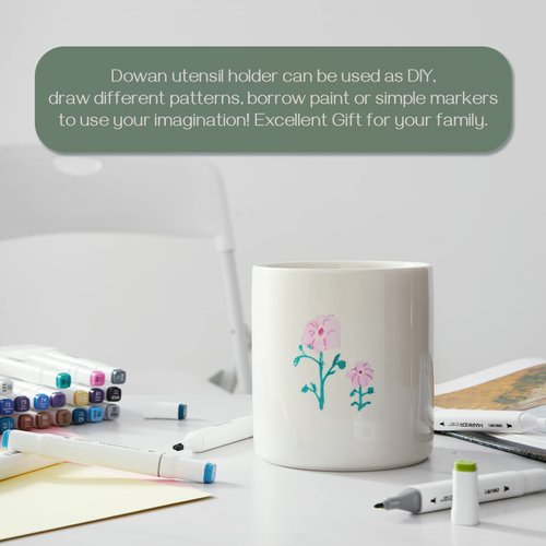 DOWAN Kitchen Utensil Holder, Utensil Holder for Countertop, Utensil Crock, Handmade DIY Gifts, Cooking Utensil Holder with Table-Protection Cork Mat, Farmhouse Kitchen Decor, Cream White