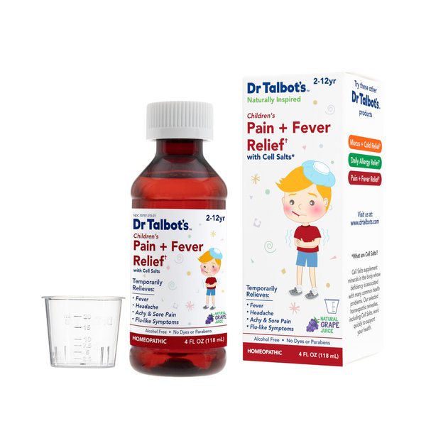Dr. Talbot's Pain + Fever Relief Liquid Medicine with Naturally Inspired Ingredients for Children, Includes Syringe, Grape Juice Flavor, 4 Fl Oz