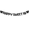Fulmoon Pre Strung Happy Sweet 16 Banner Glitter Sixteenth Birthday Party Decorations 16th Birthday Party Sign Sweet 16 Party Decorations for Birthday Party Bachelorette Party (Black)