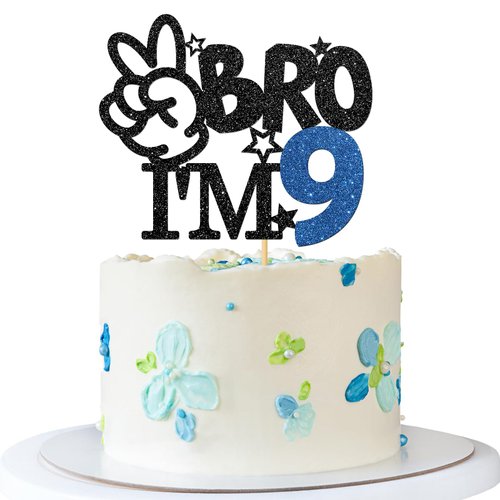 RoadSea Bro I'm 9 Cake Topper - Boy 9th Birthday Cake Supplies - Nine Years Old - Big Brother 9th Birthday Party Decoration - Black Glitter