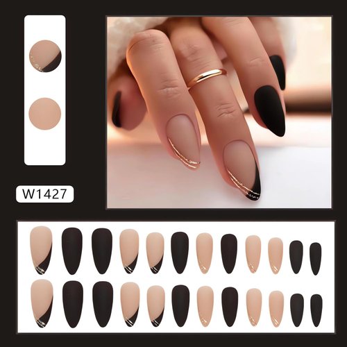 Fall Press on Nails Medium Fake Nails, LPOODDNU Winter Press on Nails Almond Shape False Nail Tips Black Nude Glue on Nails Cute Stick on Nails French Manicure Decorations for Women, 24Pcs