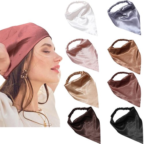 DINPREY Elastic Hair Scarf Headbands Silk Hair Bandanas Scarf Solid Head Kerchief Headbands with Clips for Women (8 Colors Set)