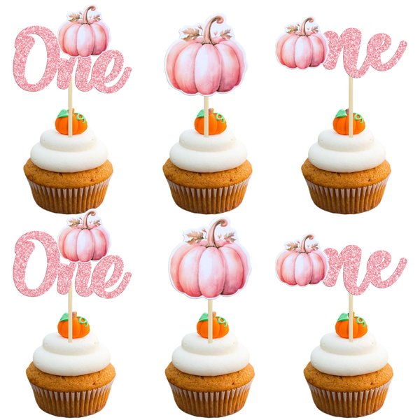 Ephlyn 24Pcs Pumpkin One Cupcake Toppers Glitter 1st Birthday Pumpkin Cupcake Picks Baby Shower Pumpkin Cake Decorations for Baby Shower Theme First Birthday Party Supplies Pink