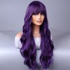 WTHCOS Dark Purple Long Curly Wavy Hair Wig for Women With Bangs Purple Wig Heat Resistant Synthetic Hair Wigs for Daily Use Cosplay Wig With Wig Cap