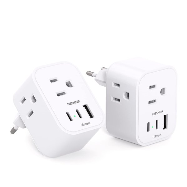 【2-Pack】 European Travel Plug Adapter, International Power Plug Adapter with 3 Outlets 3 USB Charging Ports(2 USB C), Type C Plug Adapter Travel Essentials to Most Europe Spain Italy France Germany