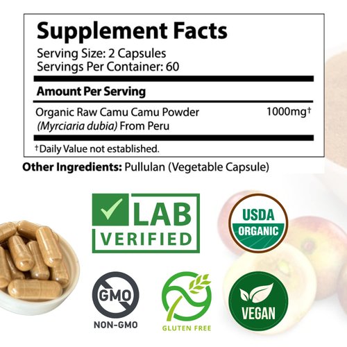 Organic Vitamin C from Camu Camu Capsules 1,000mg, Packed with Natural VIT C, Raw Antioxidants - Immune Support Supplement & Anti-Aging for Skin - Camu Camu Powder Organic, Vegan, Non-GMO (120 Count)